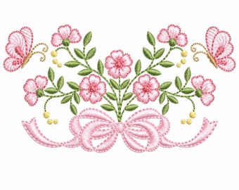Floral Lace Machine Embroidery Design – Roses & Butterfly for kitchen towel (Digital Download)