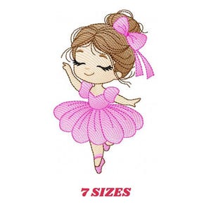 May include: Embroidered design of a ballerina girl with brown hair, wearing a pink tutu and pink shoes. She has a pink bow in her hair. The design is available in 7 sizes.
