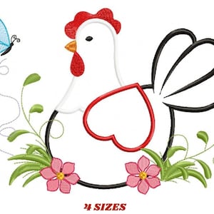 May include: Embroidered design of a white chicken with a red comb and wattle, surrounded by green leaves and pink flowers. A blue butterfly is flying above the chicken. The design includes the text "4 SIZES".