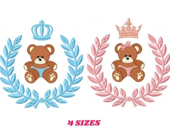 Motif de broderie ours avec couronne - motif de broderie machine nounours - fichier de broderie bébé fille - broderie pour garçons