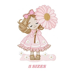 May include: An embroidered design of a girl holding a large pink daisy. The girl wears a pink dress and bow, with brown boots. The text "5 SIZES" is below the image, indicating available sizes for the design.