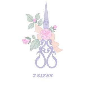 May include: Purple scissors with a floral design, featuring pink roses and a peach-colored ribbon. The text "7 SIZES" is below the scissors.