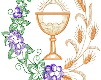 First Communion Chalice Machine Embroidery Design, Grapes Wheat and Host, Rippled Eucharist, 8 Sizes (Digital Download)