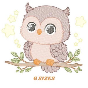 May include: A cute cartoon owl with big eyes sits on a branch with green leaves. The owl is drawn in a pencil sketch style and has a light brown colour. There are yellow stars in the background. The text "6 SIZES" is below the owl.