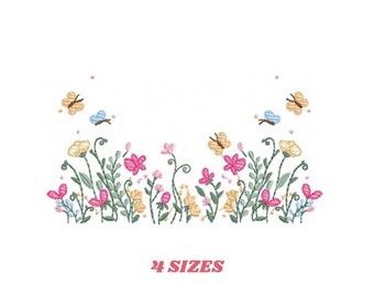 花の庭の刺繍デザイン - 花と蝶の機械刺繍パターン - キッチンタオルファイル - インスタントデジタルダウンロードpes jef dst