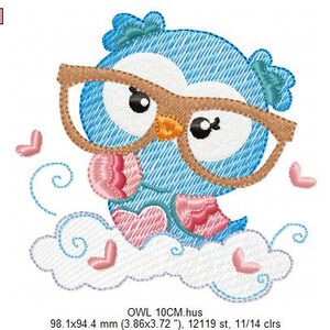 May include: Embroidered design of a blue owl wearing brown glasses and sitting on a white cloud with pink hearts. The design is 10 cm wide and includes 12,119 stitches.