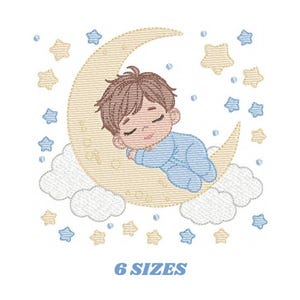 May include: Embroidered design of a baby sleeping on a crescent moon with clouds and stars. The baby is wearing a blue onesie and has brown hair. The moon is yellow and the stars are yellow and blue.