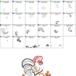 Grid of numbered stitch sequence diagrams, step by step guide for the rooster applique embroidery design