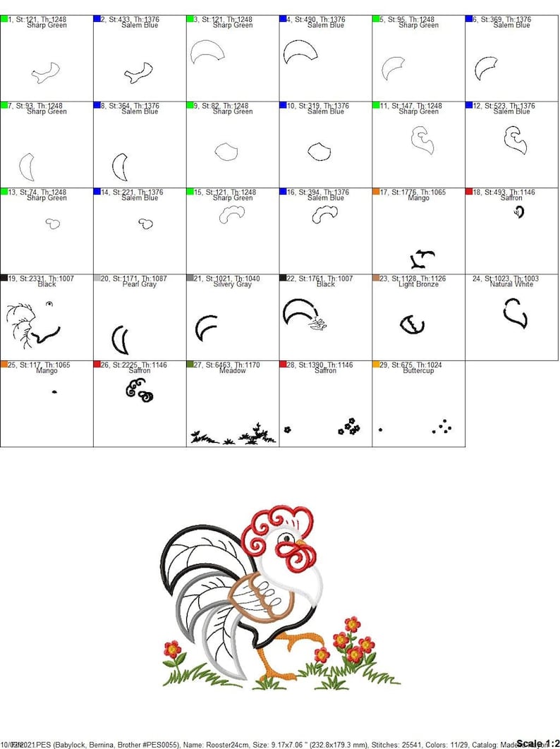 Grid of numbered stitch sequence diagrams, step by step guide for the rooster applique embroidery design
