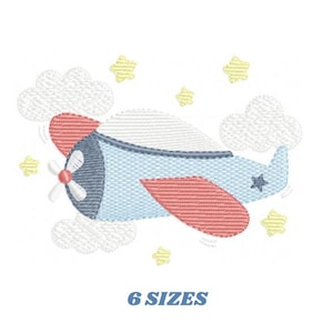 May include: Embroidered design of a blue and red airplane flying through clouds with yellow stars. The design is available in six sizes.