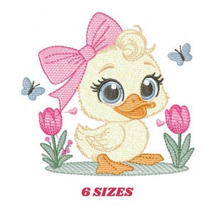 May include: Embroidered design of a yellow duckling with a pink bow, blue eyes, and a pink beak. The duckling is surrounded by pink tulips and blue butterflies. The text "6 SIZES" is below the duckling.