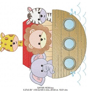 May include: A brown wooden ark with three porthole windows and a blue wave design.  The ark is filled with a giraffe, lion, zebra, and elephant.  The animals are all cartoon-like and have friendly faces.  The ark is 6.27 inches by 5.89 inches (159.2 mm by 149.5 mm) and has 20,124 stitches and 15 colors.