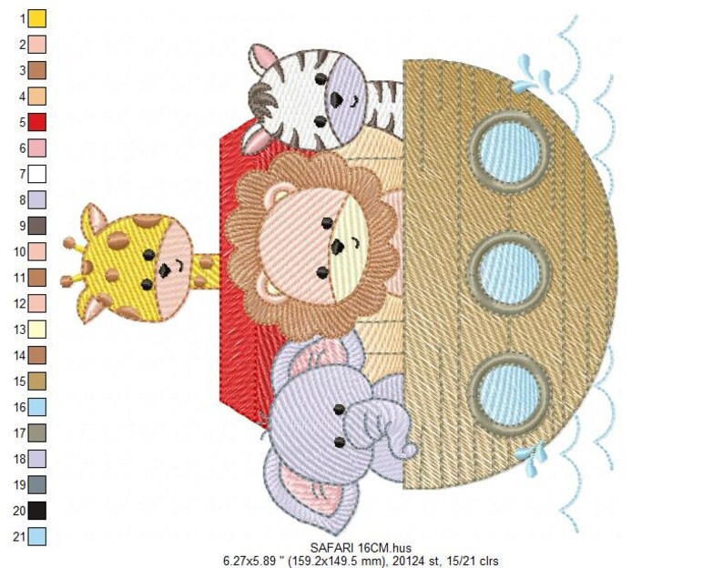 May include: A brown wooden ark with three porthole windows and a blue wave design.  The ark is filled with a giraffe, lion, zebra, and elephant.  The animals are all cartoon-like and have friendly faces.  The ark is 6.27 inches by 5.89 inches (159.2 mm by 149.5 mm) and has 20,124 stitches and 15 colors.
