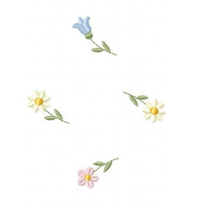 May include: Embroidered floral design featuring blue bellflowers, white daisies with yellow centers, and pink flowers. The design includes green stems and leaves. The text "FLORAL 21CM.hus" is at the bottom.