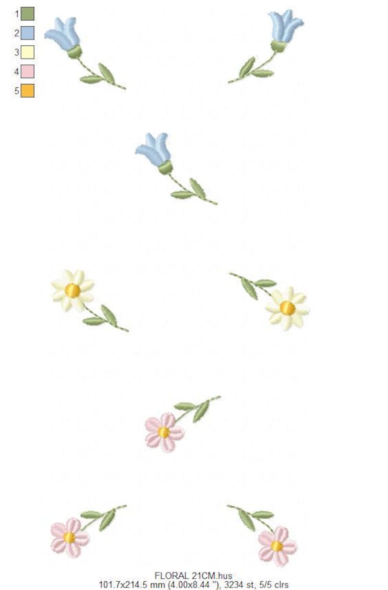 May include: Embroidered floral design featuring blue bellflowers, white daisies with yellow centers, and pink flowers. The design includes green stems and leaves. The text "FLORAL 21CM.hus" is at the bottom.