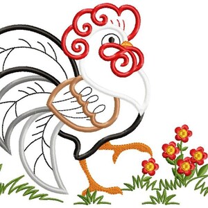 Close crop of cute cartoon rooster on grass, bright red comb and satin fill, rooster applique embroidery design