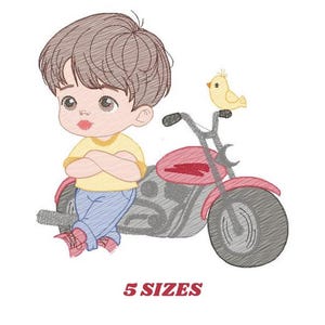 May include: A cartoon illustration of a young boy with brown hair sitting on a red and black motorcycle with a yellow bird perched on the handlebars. The boy is wearing a yellow shirt and blue jeans. The image includes the text "5 SIZES".