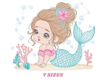 Mermaid Princess Embroidery Design – Rippled Machine Pattern (Digital Download)