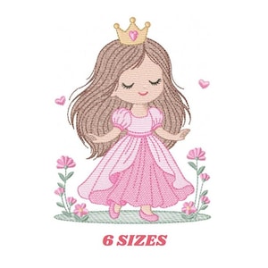 May include: An embroidered design of a princess wearing a pink dress and a gold crown. The princess has long brown hair and is surrounded by pink flowers and hearts. The text "6 SIZES" is displayed below the princess.