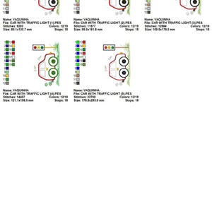 Grid of five small size previews with stitch counts and color legends, car applique embroidery design file format overview