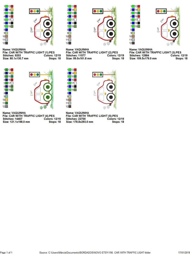 Grid of five small size previews with stitch counts and color legends, car applique embroidery design file format overview