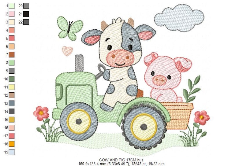 K&ouml;nnte beinhalten: Gesticktes Design mit einer Kuh, die einen gr&uuml;nen Traktor mit einem Schwein f&auml;hrt. Die Kuh ist wei&szlig; mit schwarzen Flecken, das Schwein ist rosa. Der Traktor hat gelbe R&auml;der. Ein gr&uuml;ner Schmetterling, ein rosa Herz und Blumen.