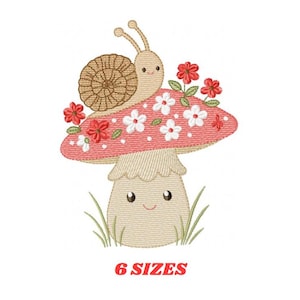 May include: An embroidered design featuring a smiling mushroom with a snail on top. The mushroom has a red cap with white flowers and red accents. The snail has a brown shell. The text "6 SIZES" is at the bottom.