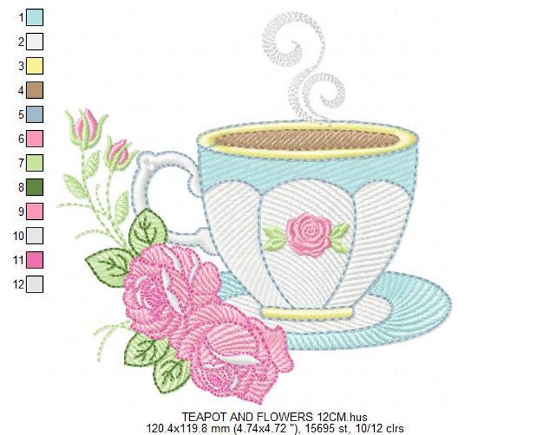 May include: Embroidered design of a teacup and saucer with a steaming cup of coffee and pink roses. The design is 4.74 inches by 4.72 inches and has 15,695 stitches.