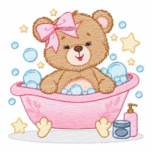 Bathing Bear Machine Embroidery Design - Baby Girl Bubbles (Instant Download)