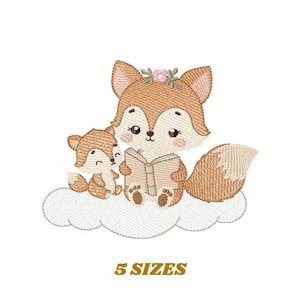 May include: Embroidered design of two foxes sitting on a cloud, one reading a book. The larger fox has a flower crown.
