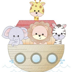 May include: A cartoon illustration of a red, yellow, and brown ark with a giraffe, lion, and elephant on top. The ark is floating on blue water.