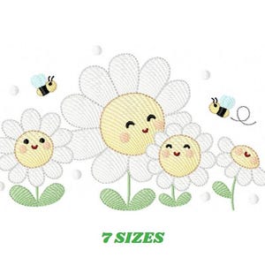 Può includere: Un disegno ricamato con margherite sorridenti con petali bianchi e centri gialli, steli e foglie verdi e due api dei cartoni animati. Il testo "7 SIZES" è in verde sotto i fiori.