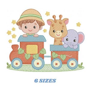 Safari vilda djur tåg broderimönster - Elefant och giraff maskinbroderimönster - Baby Boy-fil - Direkt nedladdning pes jef