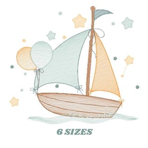 Puede incluir: Una ilustración dibujada a mano de un velero con una vela azul claro, una vela amarilla y un casco marrón. El velero está rodeado de estrellas y dos globos, uno azul claro y otro amarillo.