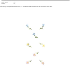 May include: An image featuring embroidered floral designs. The image shows several small, delicate flowers in shades of blue, white, and pink, each with green stems and leaves. The flowers are scattered across a white background.