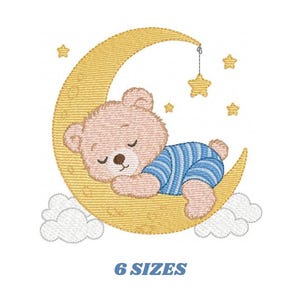 May include: An embroidered design of a sleeping teddy bear on a crescent moon with stars. The bear wears blue striped pyjamas. The text "6 SIZES" is displayed below the image.