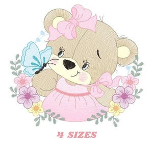 Baby Bear Embroidery Design - Girl with Butterfly (Digital File)