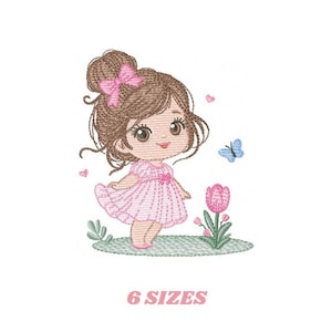 May include: Embroidered design of a girl with brown hair wearing a pink dress and a pink bow. She is standing in a field with a pink flower and a blue butterfly.
