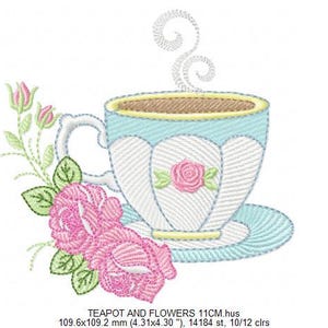 May include: A blue and white teacup with a saucer and steam coming from the top. The teacup has a pink rose design. There are pink roses and green leaves on the left side of the image.