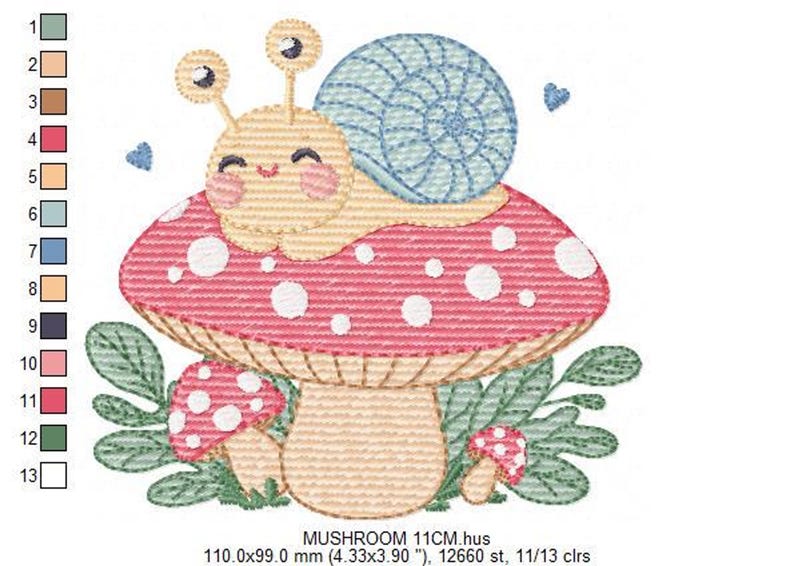 Snail on Mushroom Embroidery Design - Magical Garden File (Instant Download)