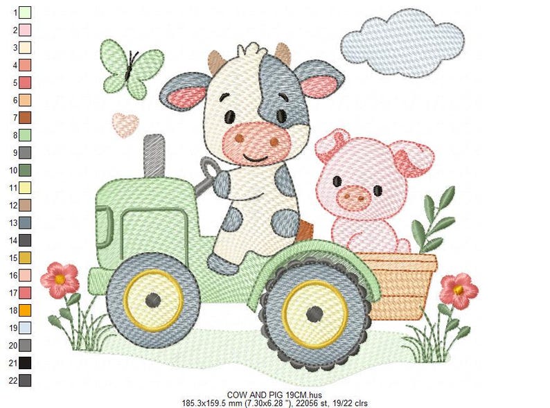 K&ouml;nnte beinhalten: Ein Stickdesign mit einer Kuh, die einen gr&uuml;nen Traktor f&auml;hrt, und einem Schwein in einem Korb. Ein Schmetterling, ein Herz, Blumen und eine Wolke sind ebenfalls enthalten. Der Text "COW AND PIG" steht unten. Gr&ouml;&szlig;e: 18,53cm x 15,95cm.