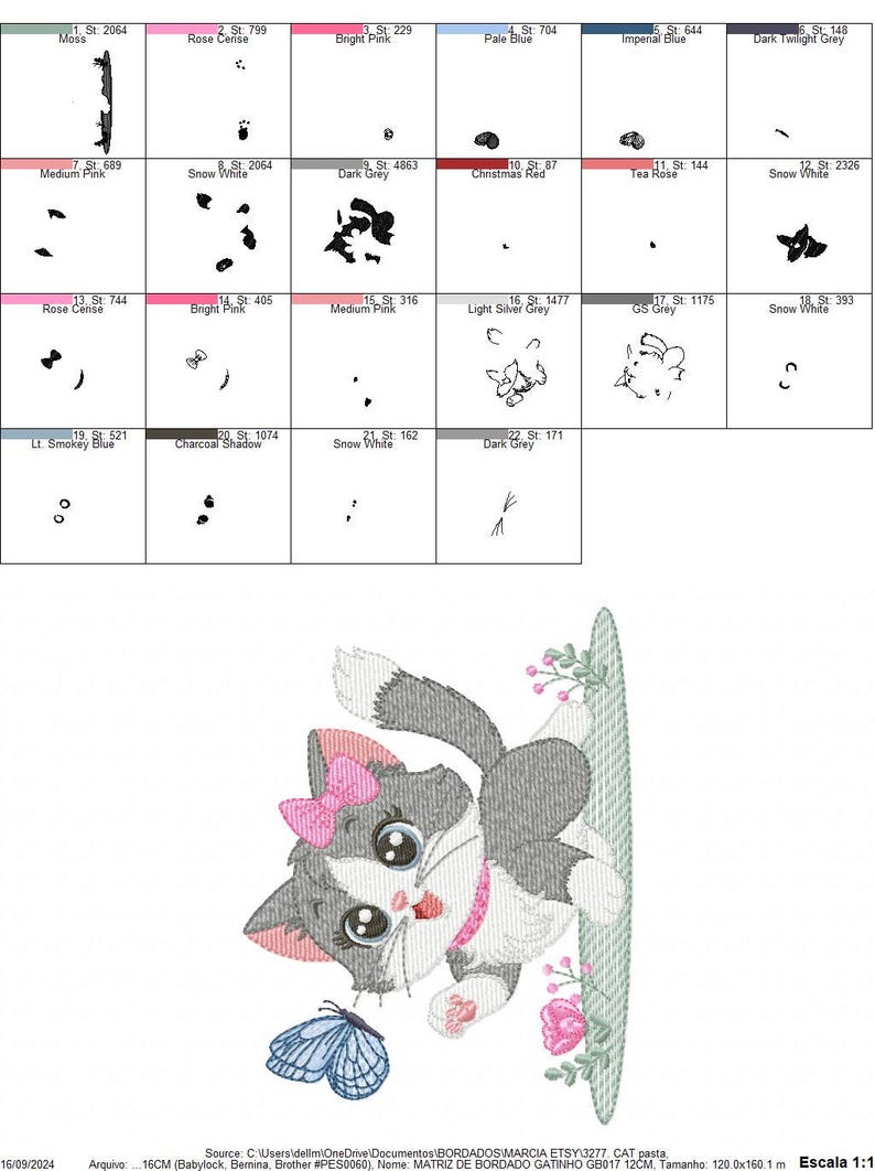 Puede incluir: Dise&ntilde;o bordado de un gatito gris y blanco con un lazo rosa, sentado en una hoja verde con flores rosas. El gatito mira hacia la derecha y tiene una mariposa azul a su lado.