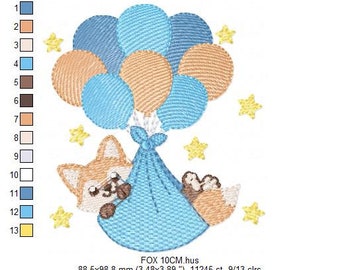 キツネの刺繍デザイン - 風船と男の子の動物の機械刺繍パターン - 性別