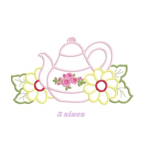 Teapot Floral Applique Embroidery Design – Kitchen Towel Pattern (Instant Download)