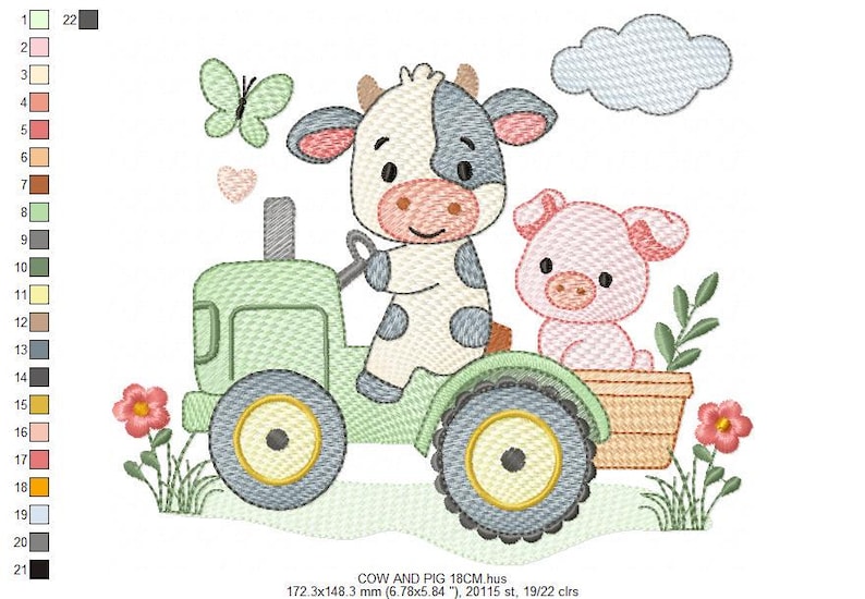 K&ouml;nnte beinhalten: Ein gesticktes Design mit einer Comic-Kuh, die einen gr&uuml;nen Traktor f&auml;hrt, mit einem Schwein in einem Korb. Ein Schmetterling, ein Herz, Blumen und eine Wolke sind ebenfalls enthalten. Der Text unten lautet "COW AND PIG 18CM.hus".