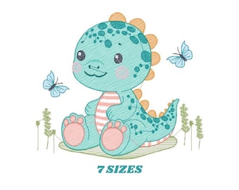Dinosaurier-Stickmuster – Dino mit Schmetterlingen (Digitaler Download)