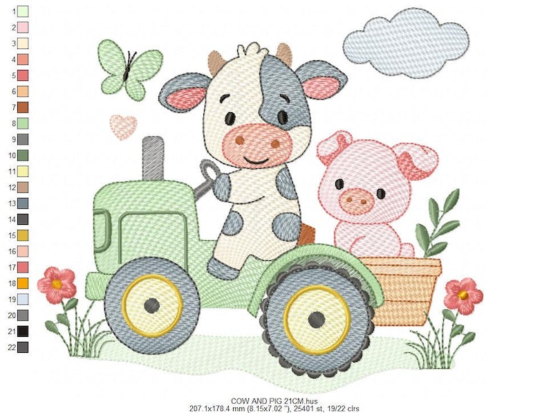 K&ouml;nnte beinhalten: Gesticktes Design mit einer Kuh, die einen gr&uuml;nen Traktor f&auml;hrt, mit einem Schwein in einem Korb. Ein hellgr&uuml;ner Schmetterling und rosa Blumen und Herzen sind ebenfalls enthalten. Der Text "COW AND PIG 21CM.hus" steht unten. Misst 20,7 cm x 17,8 cm.