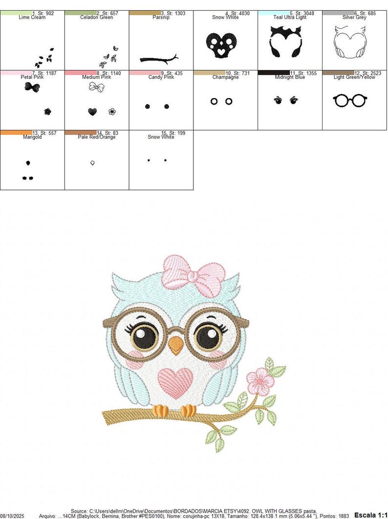 以下が含まれることがあります： メガネとピンクのリボンをつけた可愛いフクロウの刺繍デザイン。フクロウは水色で、胸にピンクのハートがあり、ピンクの花の咲く枝にとまっています。このデザインは刺繍用です。