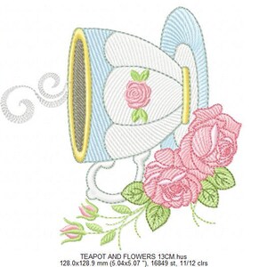 May include: A blue and white teacup with a saucer and a steam design. The teacup has a floral design with pink roses. There are pink roses with green leaves on the right side of the image. The image text reads "TEAPOT AND FLOWERS 13CM.hus 128.0x128.9 mm (5.04x5.07"), 16849 st, 11/12 clrs".