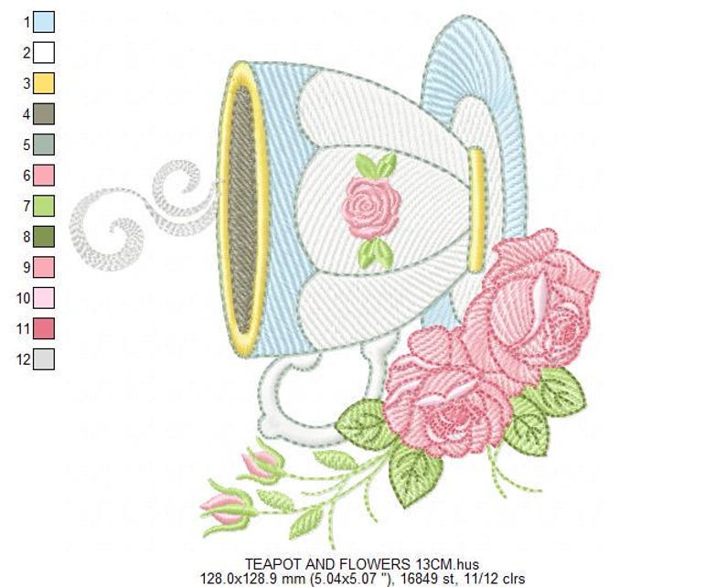 May include: A blue and white teacup with a saucer and a steam design. The teacup has a floral design with pink roses. There are pink roses with green leaves on the right side of the image. The image text reads "TEAPOT AND FLOWERS 13CM.hus 128.0x128.9 mm (5.04x5.07"), 16849 st, 11/12 clrs".